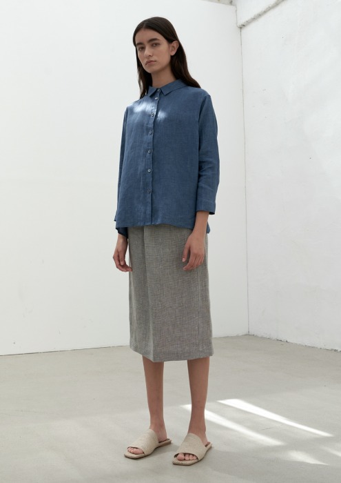 linen h line skirt-khaki check / grey check
