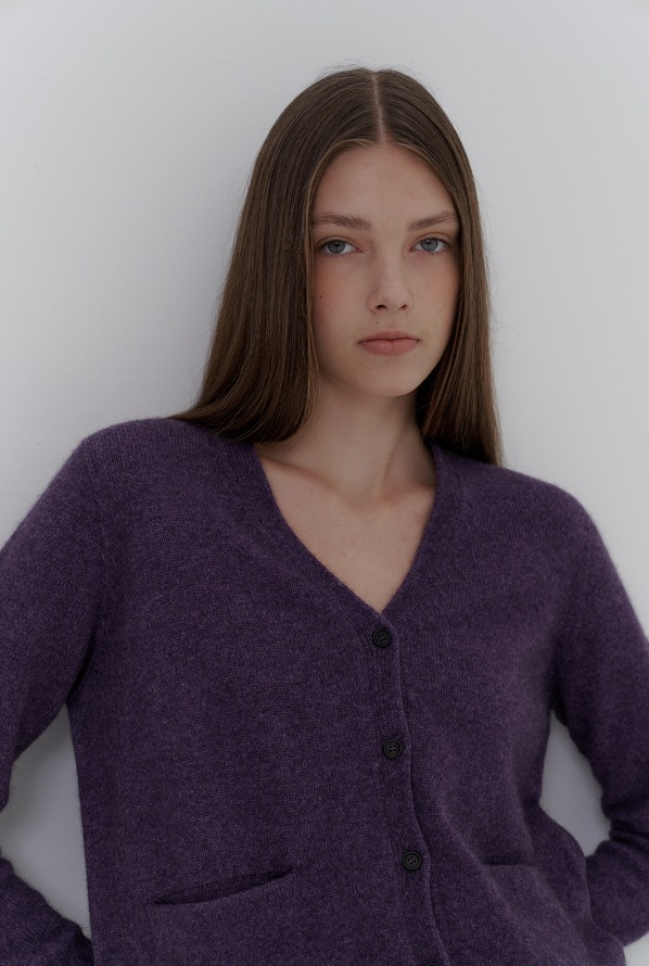 v-neck raccoon knit cardigan-purple