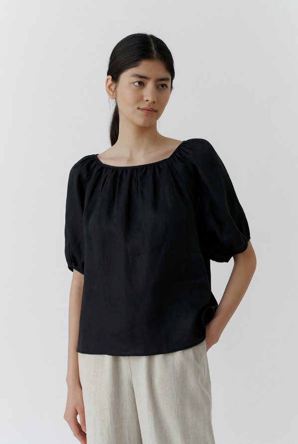 linen neck shirring blouse - black