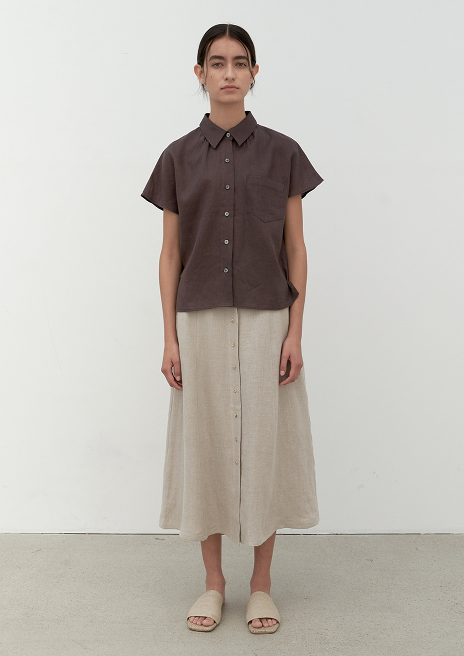 linen daily blouse-brown
